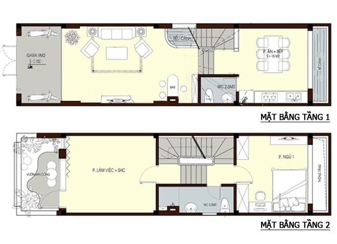 Mặt bằng c&ocirc;ng năng tầng 1 v&agrave; tầng 2 nh&agrave; ống đẹp hiện đại 4 tầng 4x15m