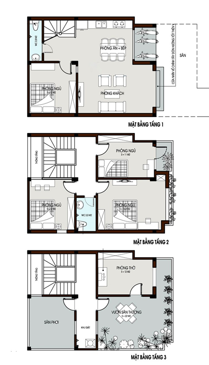 Thiết kế mặt bằng công năng nhà ống 3 tầng 7x9m 