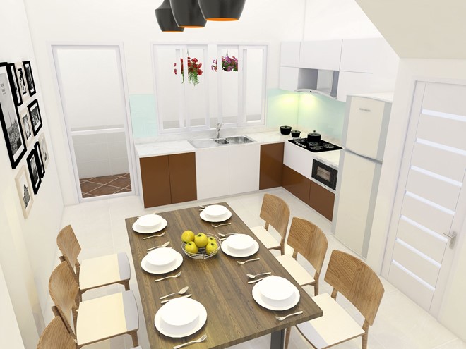 Bếp kết hợp không gian ăn uống thoáng gọn.