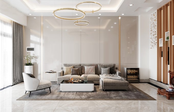 Mẫu thiết kế nội thất ph&ograve;ng kh&aacute;ch nh&agrave; ống 4 tầng phong c&aacute;ch hiện đại