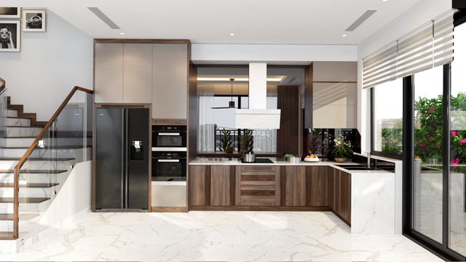 Ph&ograve;ng bếp thiết kế gọn g&agrave;ng, khoa học.