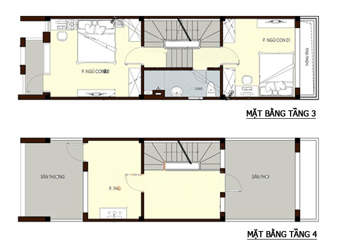 Mặt bằng c&ocirc;ng năng tầng 3 v&agrave; tầng 4 nh&agrave; ống hiện đại