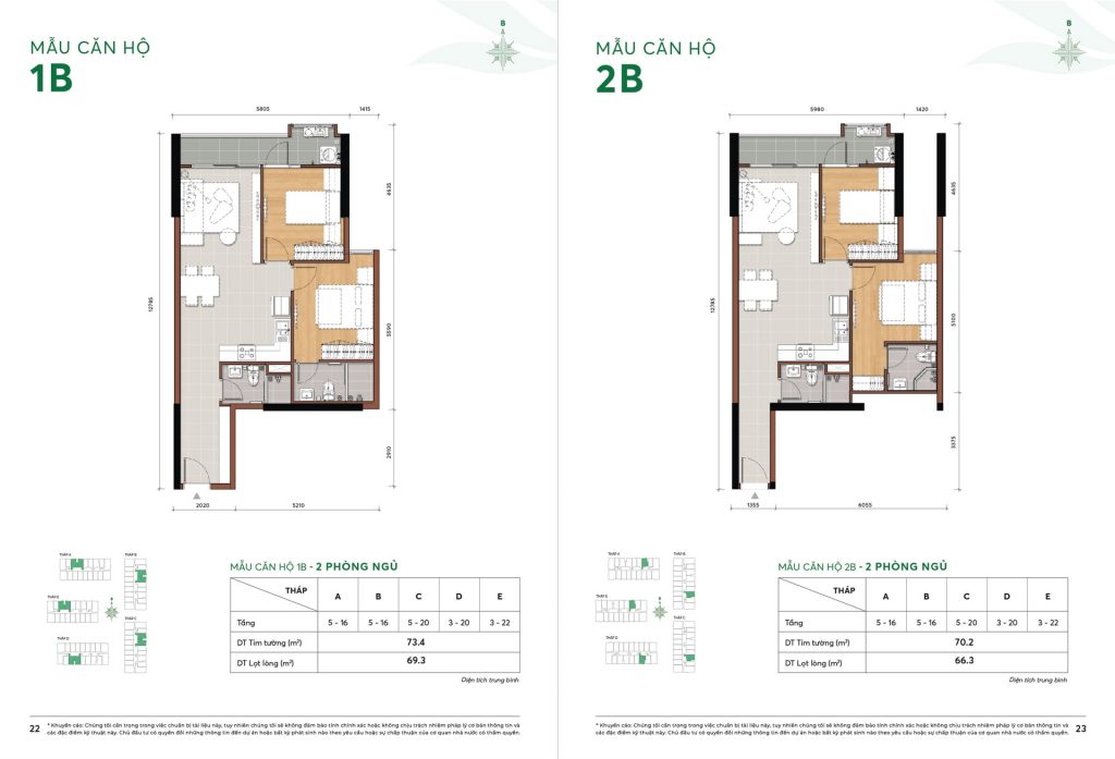 Mặt bằng căn hộ 2 ph&ograve;ng ngủ