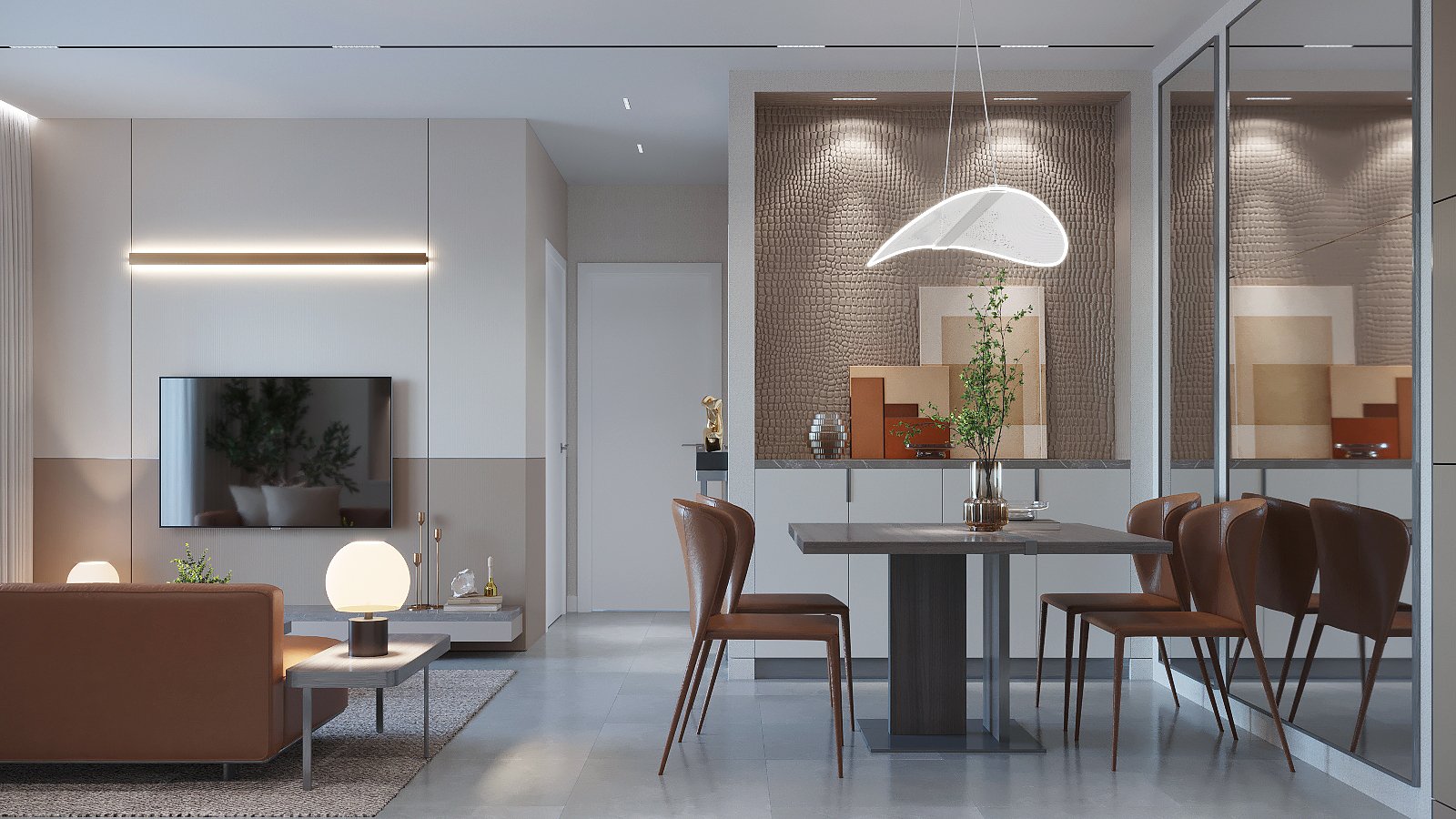 Kh&ocirc;ng gian ăn uống liền kề ph&ograve;ng kh&aacute;ch với thiết kế sang trọng, ấm c&uacute;ng.