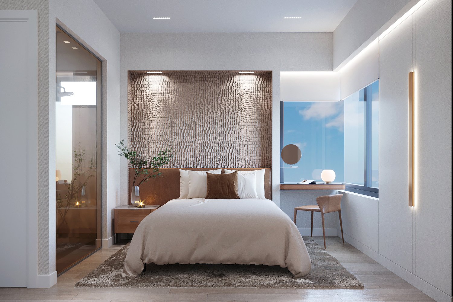 Một ph&ograve;ng ngủ kh&aacute;c t&iacute;ch hợp th&ecirc;m g&oacute;c l&agrave;m việc tại nh&agrave; tiện dụng.