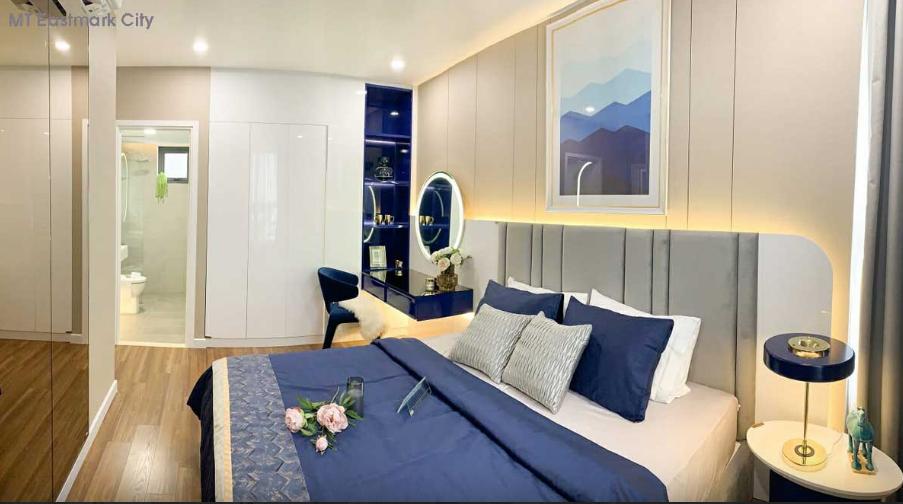 Ph&ograve;ng ngủ đủ đầy tiện nghi, sử dụng bảng m&agrave;u trung t&iacute;nh chủ đạo tạo cảm gi&aacute;c thư gi&atilde;n.