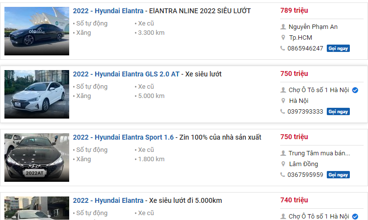 giá xe Hyundai Elantra 2022 cũ được chào bán quanh mốc 740 - 789 triệu đồng. 1