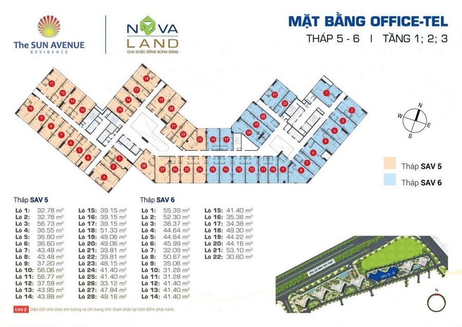 Mặt bằng The Sun Avenue tháp 5 tầng 1, 2, 3 loại căn hộ offecetel