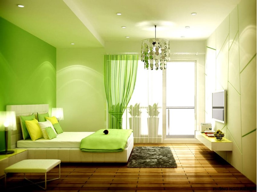 Phòng ngủ người mệnh Mộc với tông màu xanh lá nhẹ nhàng, tươi mát.