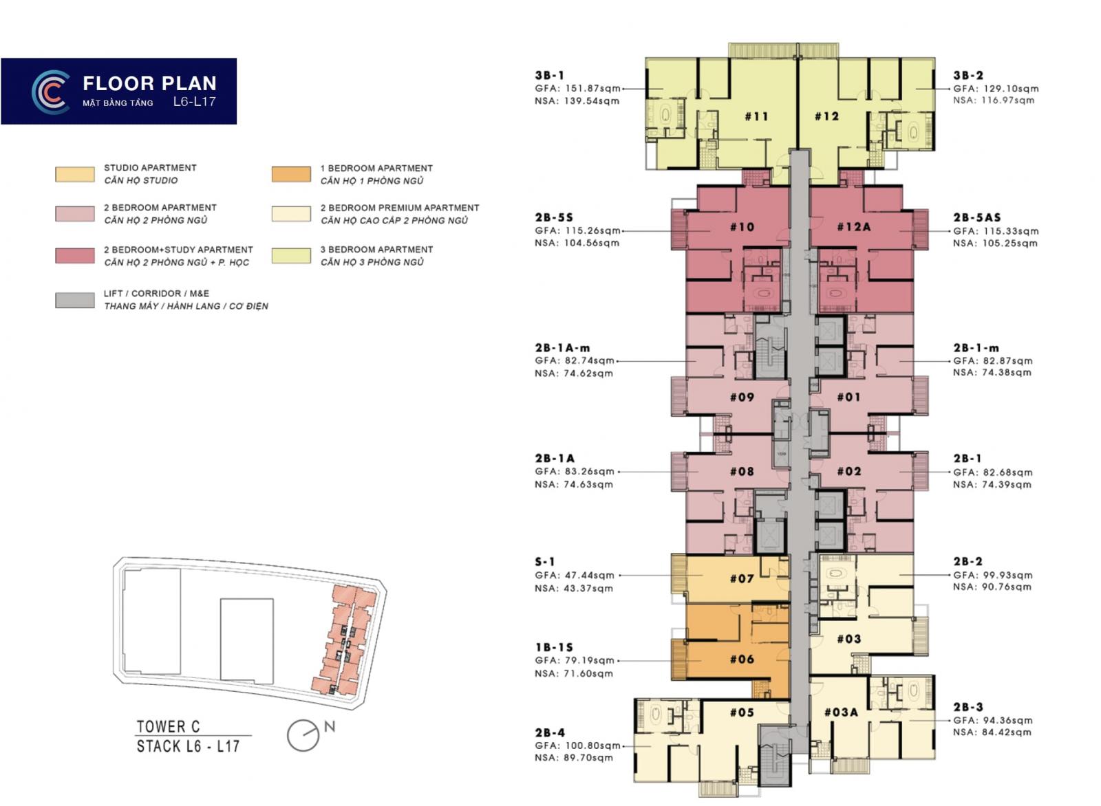 Mặt bằng tầng 6 - 17 ph&acirc;n khu The Crest Residences