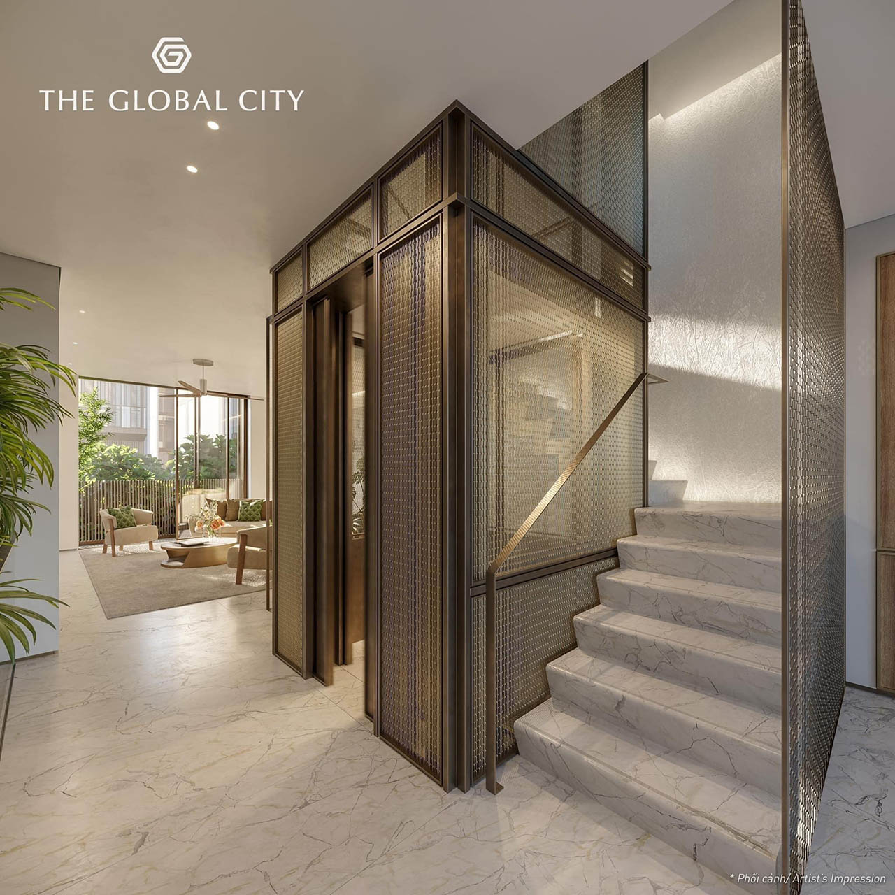 Phối cảnh cầu thang nh&agrave; mẫu The Global City.