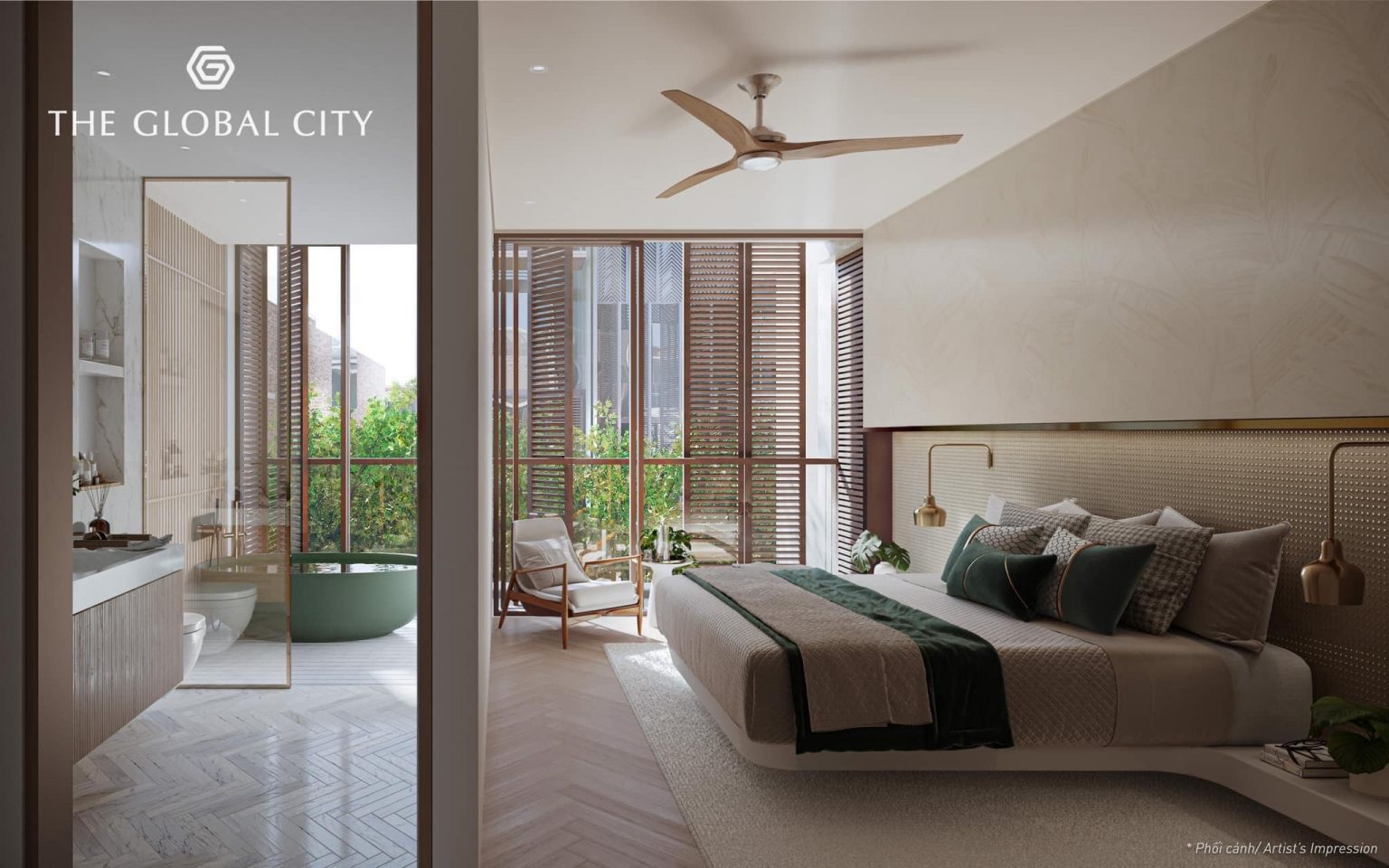 Phối cảnh ph&ograve;ng ngủ nh&agrave; mẫu The Global City.