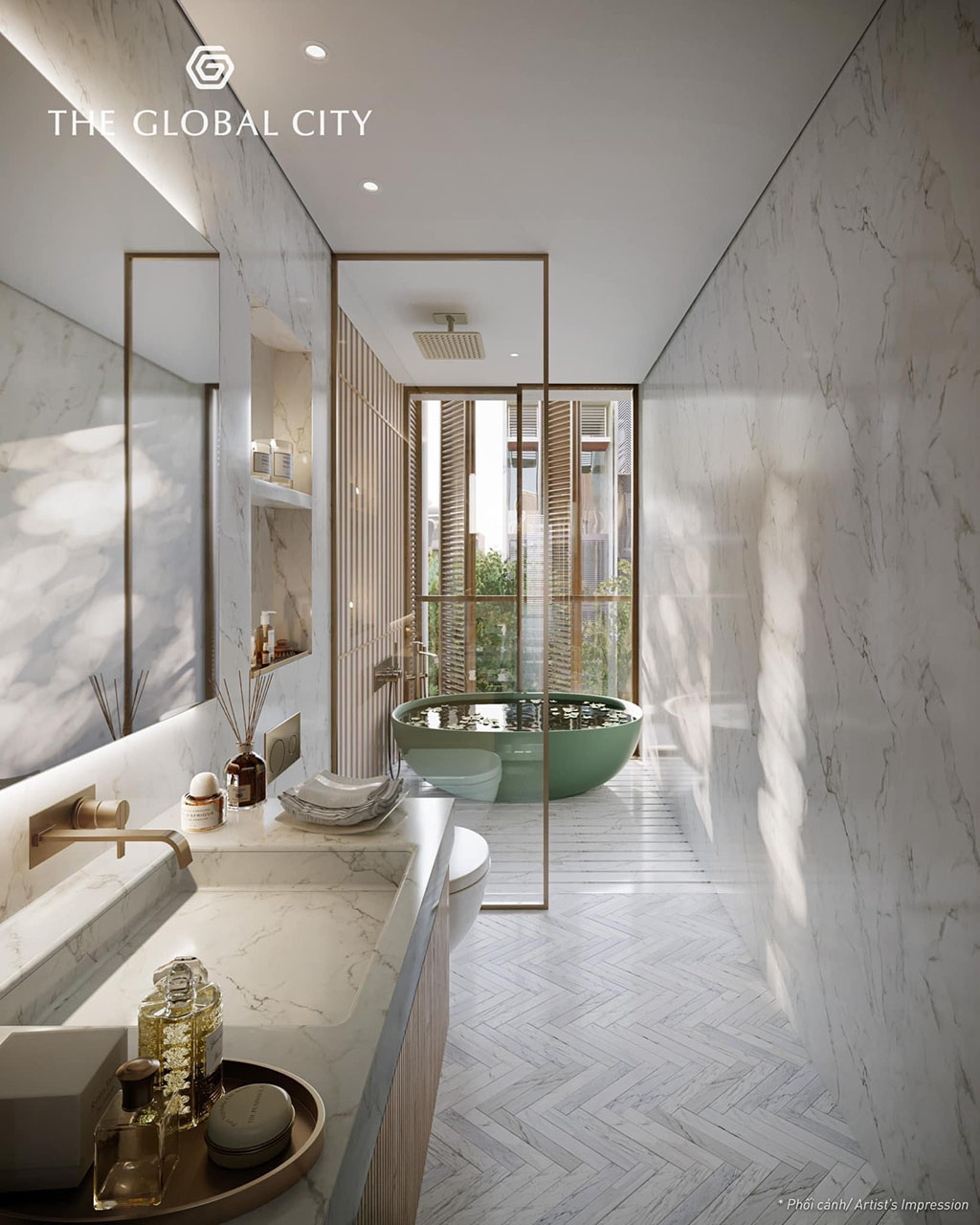 Phối cảnh ph&ograve;ng tắm nh&agrave; mẫu The Global City.