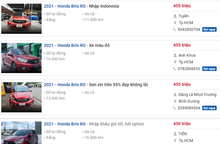 Giá xe Honda Brio 2021 cũ 1