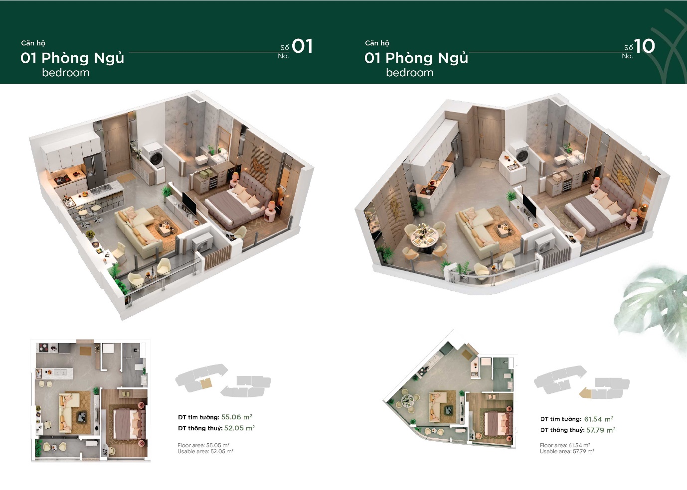 Phối cảnh thiết kế mặt bằng căn hộ 1 phòng ngủ dự án Thảo Điền Green.