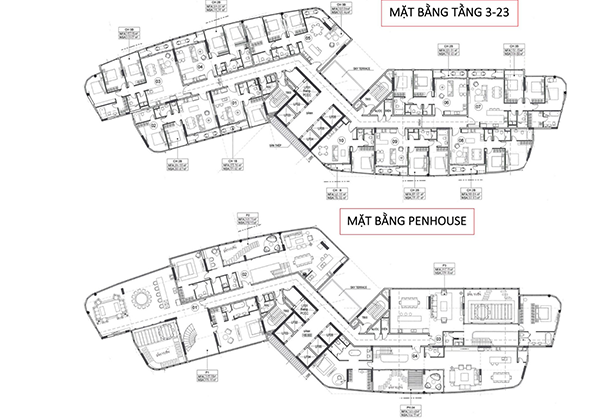 Mặt bằng căn hộ Thảo Điền Green tầng 3 - 23 và mặt bằng Penthouse.