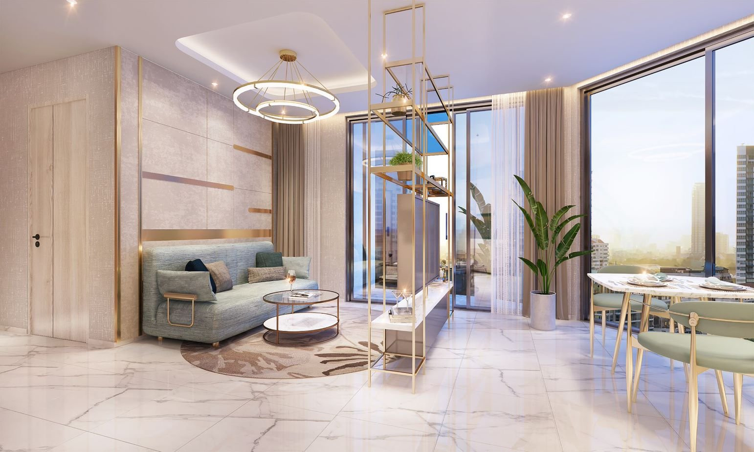 Ph&ograve;ng kh&aacute;ch căn hộ mẫu 1 ph&ograve;ng ngủ tại dự &aacute;n Thảo Điền Green. 