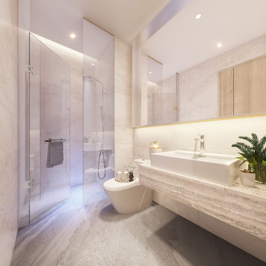 Ph&ograve;ng tắm t&ocirc;ng m&agrave;u trung t&iacute;nh s&aacute;ng sang trọng, tiện nghi.