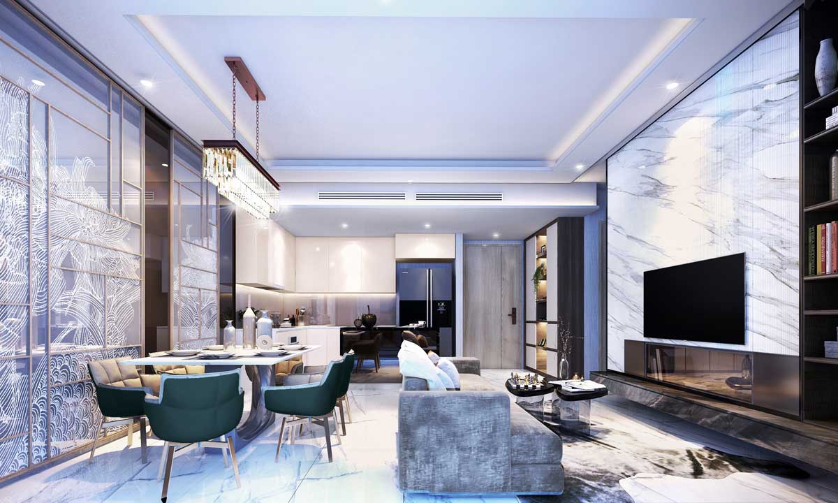 Kh&ocirc;ng gian sinh hoạt chung thiết kế li&ecirc;n th&ocirc;ng gồm ph&ograve;ng kh&aacute;ch, bếp v&agrave; ph&ograve;ng ăn, vừa sang trọng, vừa g&oacute;p phần tăng t&iacute;nh kết nối giữa c&aacute;c th&agrave;nh vi&ecirc;n gia đ&igrave;nh.