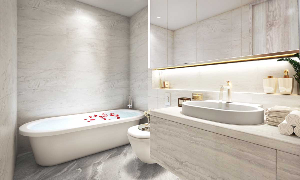 Ph&ograve;ng vệ sinh căn hộ 2 ph&ograve;ng ngủ với 1 bồn tắm nằm khi b&agrave;n giao.