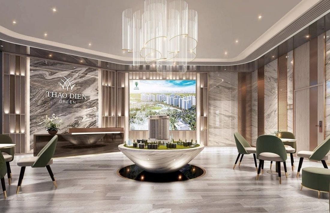 Kh&ocirc;ng gian sảnh đ&oacute;n kh&aacute;ch v&agrave; sa b&agrave;n dự &aacute;n.