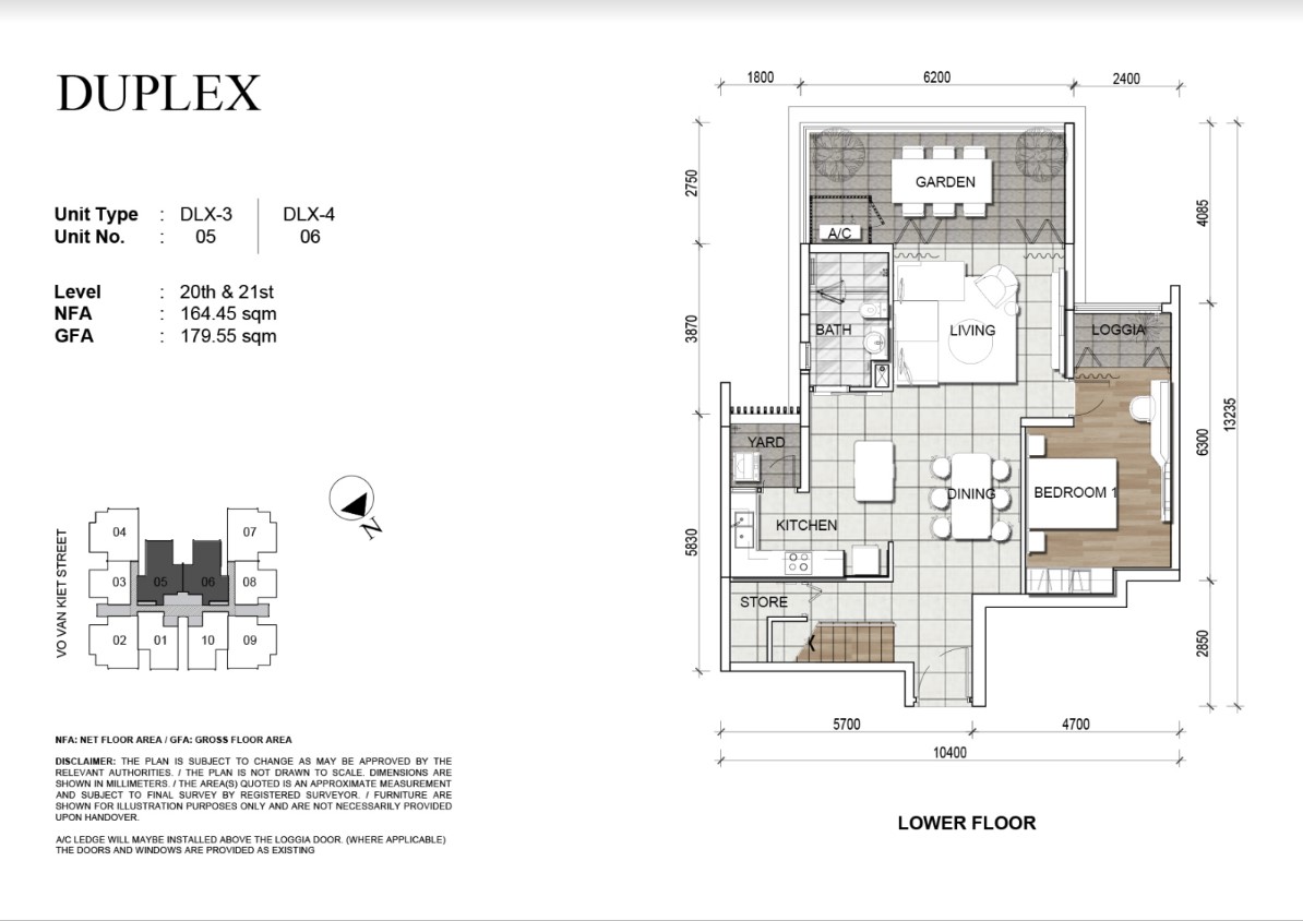 Mặt bằng Duplex 164,45m2 tầng dưới.