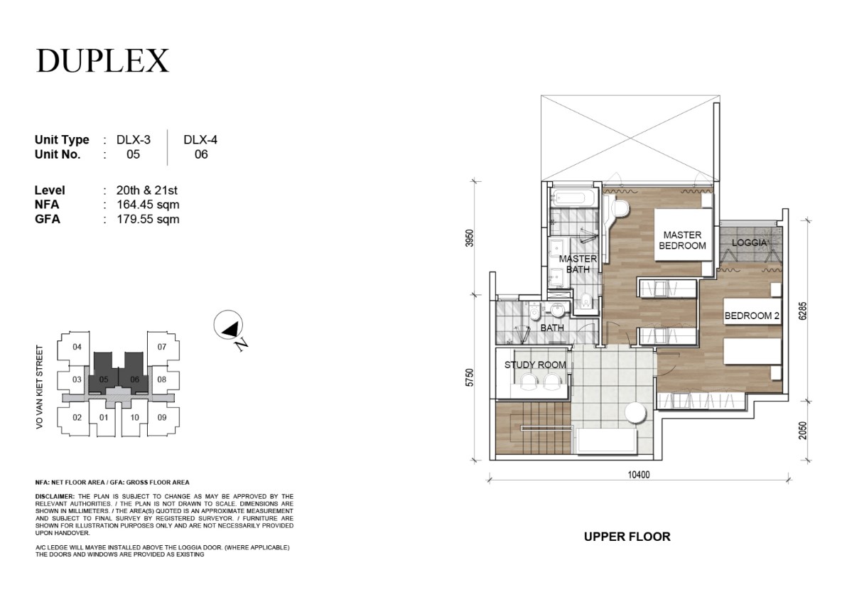 Mặt bằng Duplex 164,45m2 tầng trên.