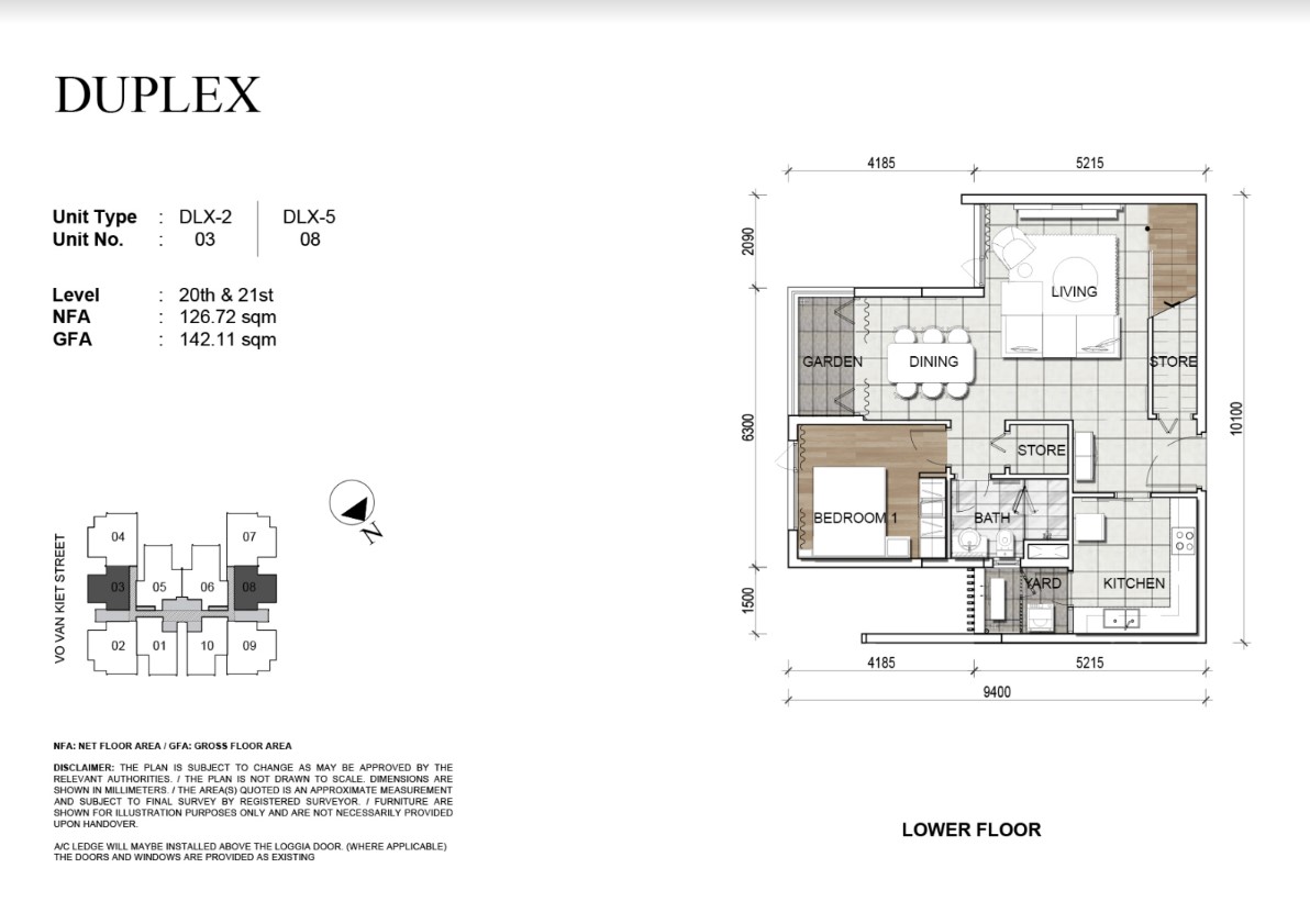 Mặt bằng Duplex 126,72m2 tầng dưới.