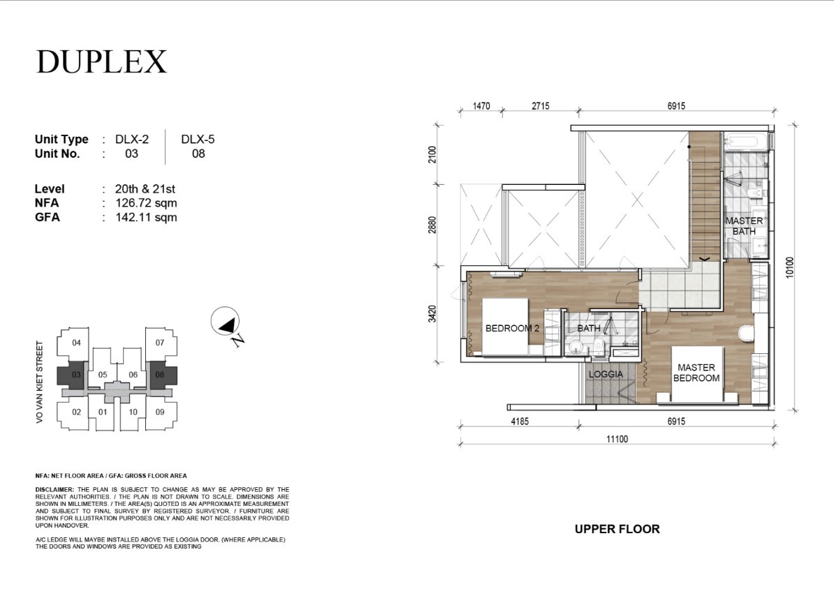 Mặt bằng Duplex 126,72m2 tầng trên.