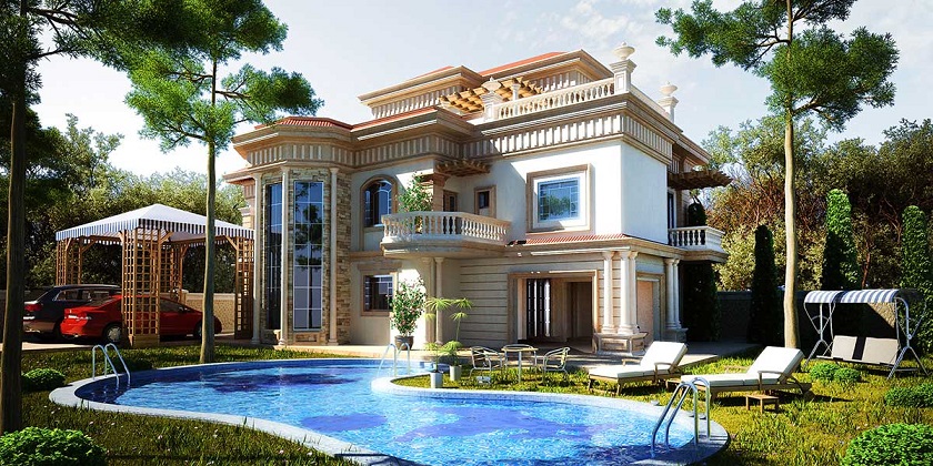 Mẫu biệt thự 2 tầng c&oacute; bể bơi h&igrave;nh oval