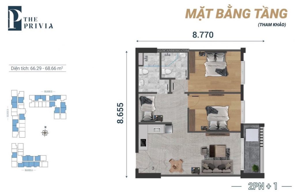 Mặt bằng căn hộ 2 ph&ograve;ng ngủ + dự &aacute;n The Privia Khang Điền.