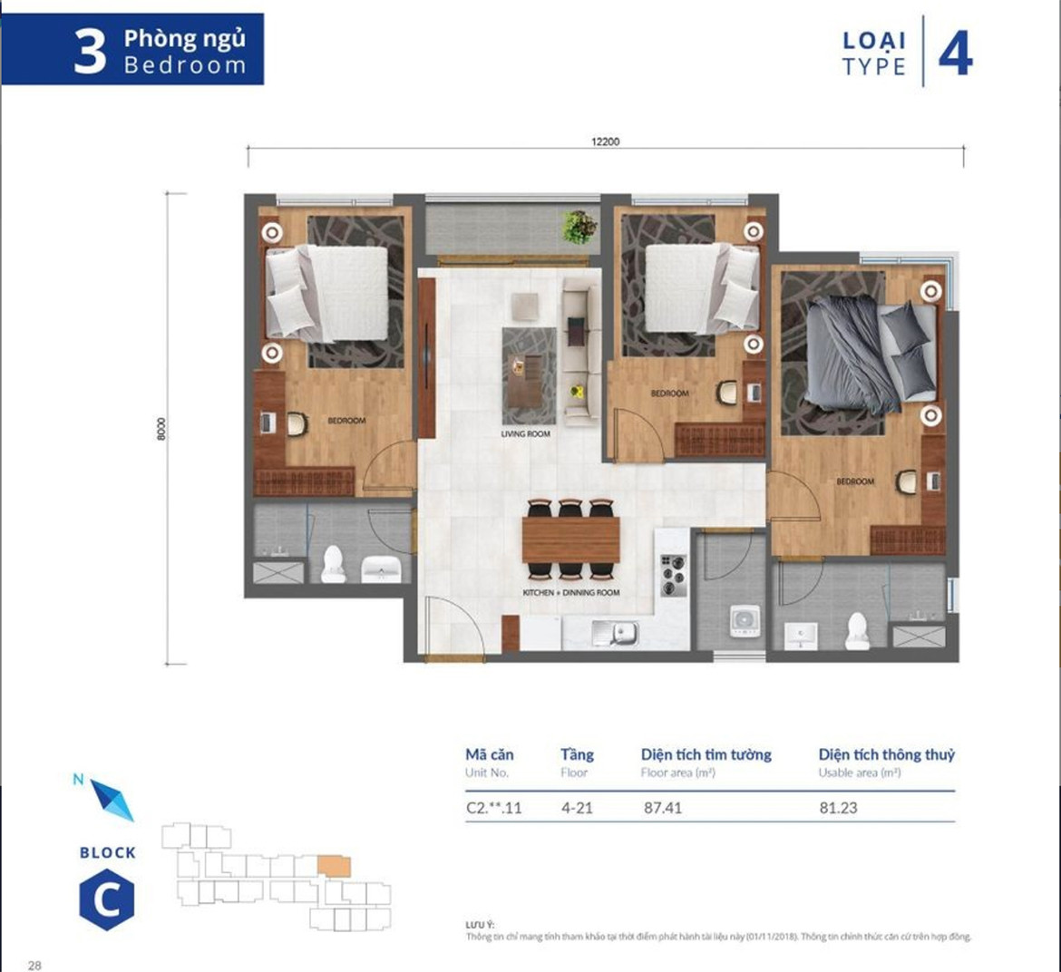 Mặt bằng căn hộ 3 ph&ograve;ng ngủ dự &aacute;n The Privia Khang Điền.