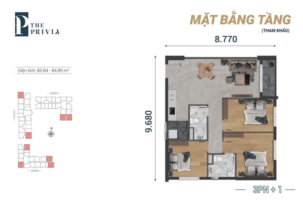 Mặt bằng căn hộ 3 ph&ograve;ng ngủ dự &aacute;n The Privia Khang Điền.