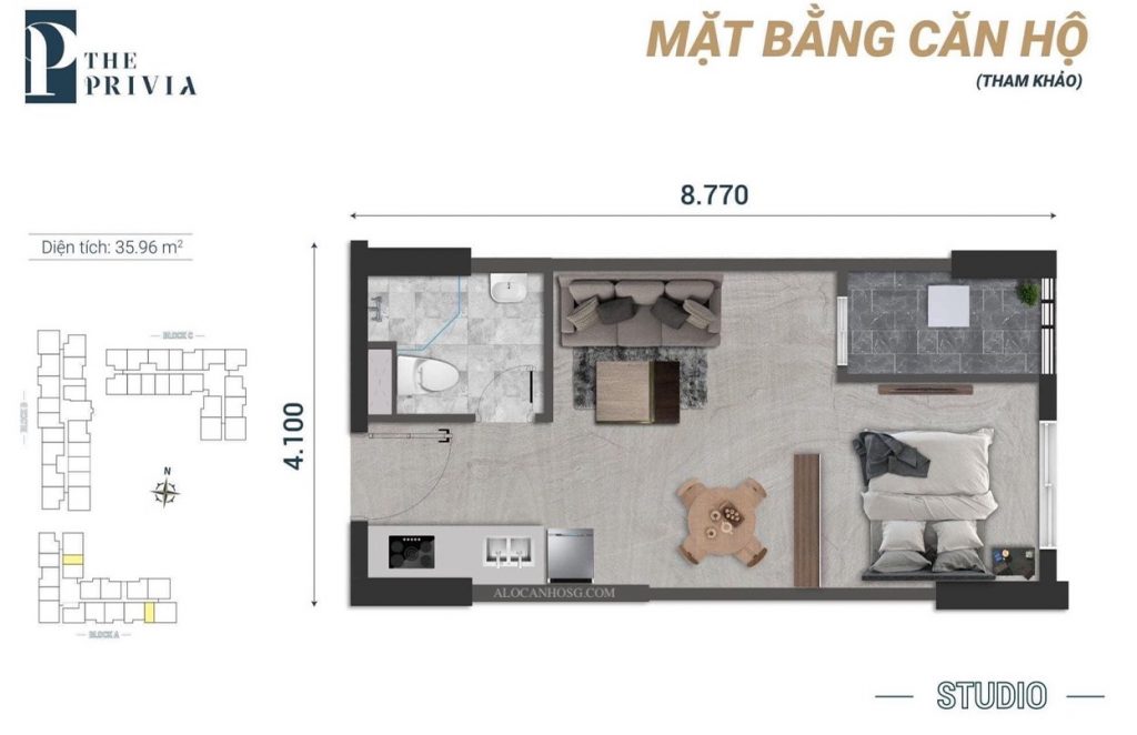 Bố tr&iacute; mặt bằng căn hộ Studio dự &aacute;n The Privia Khang Điền.
