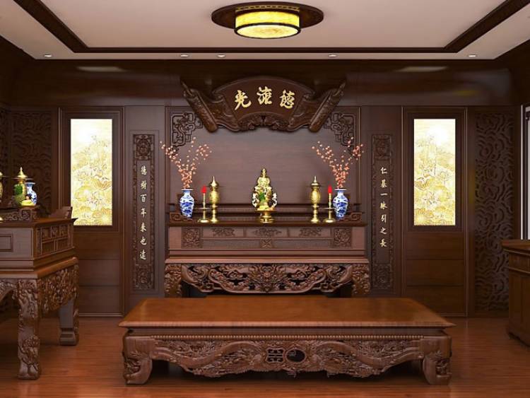 Ph&ograve;ng thờ t&ocirc;n nghi&ecirc;m với nội thất gỗ tự nhi&ecirc;n chủ đạo.