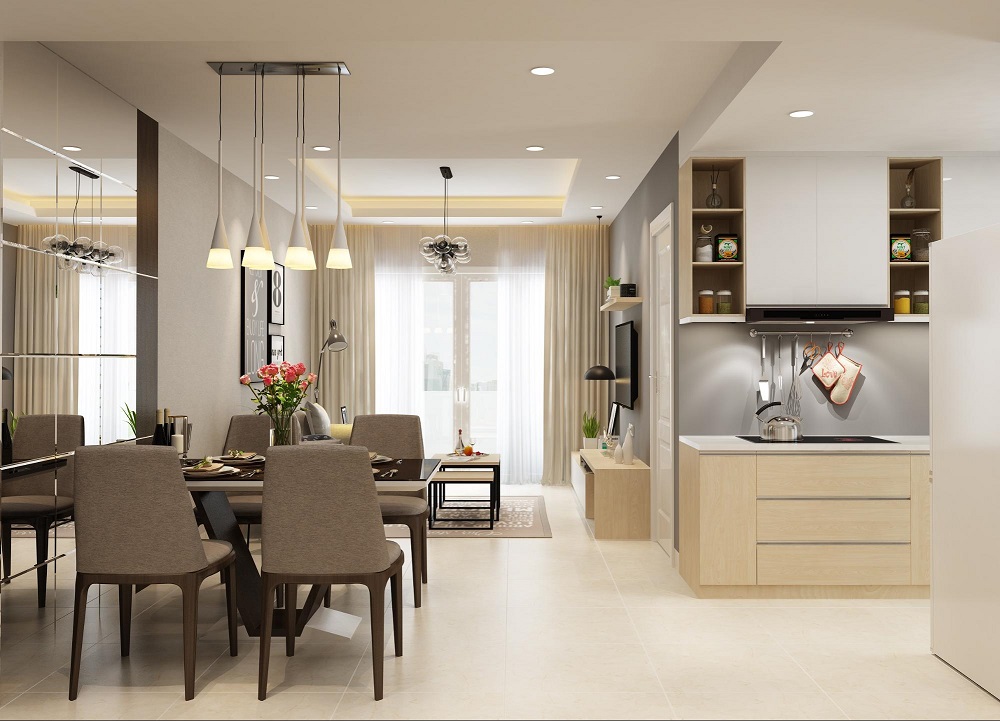 Ph&ograve;ng ăn li&ecirc;n th&ocirc;ng với kh&ocirc;ng gian tiếp kh&aacute;ch nhưng vẫn đảm bảo sự t&aacute;ch biệt tương đối.
