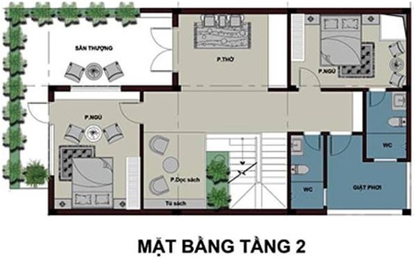 Mặt bằng công năng tầng 2 nhà ống.