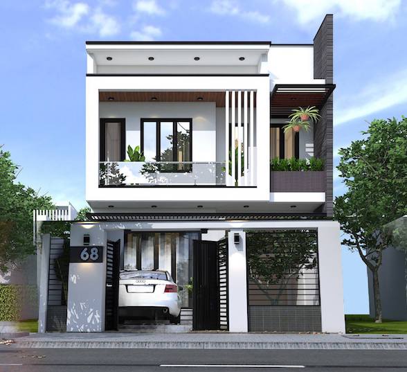 Phối cảnh mẫu nhà ống 2 tầng hiện đại.