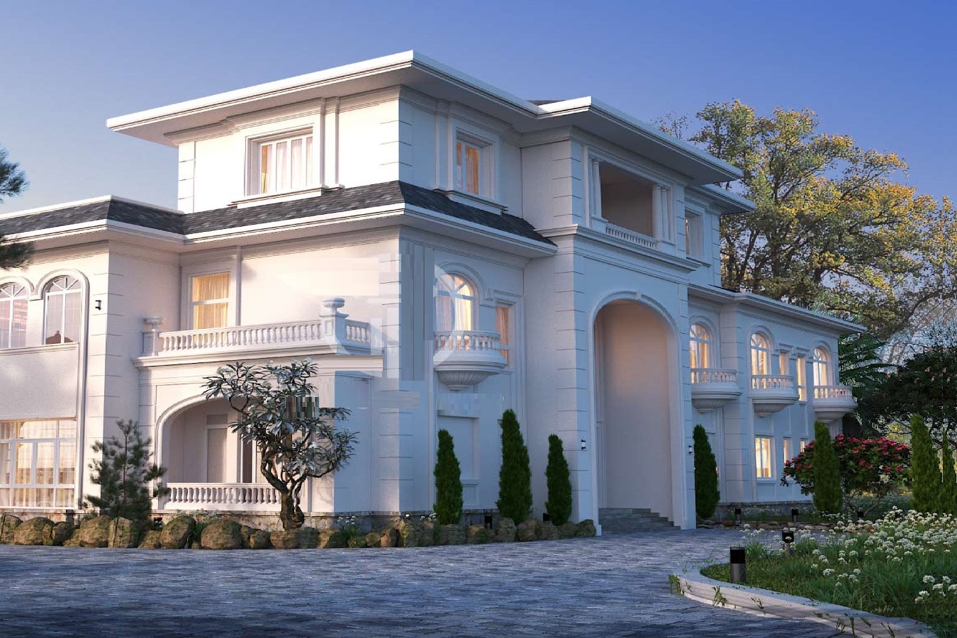 Biệt thự tân cổ điển phù để thiết kế, xây dựng trên diện tích đất rộng rãi.