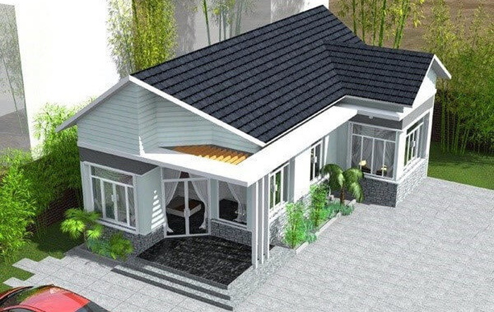 Mẫu nhà cấp 4 chữ L gây ấn tượng bởi kiến trúc mái Thái cấu trúc 3 chữ A.