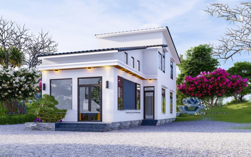 Mẫu nhà cấp 4 đẹp có gác lửng giúp gia tăng không gian sử dụng, phù hợp với gia đình có từ 4 - 6 thành viên chung sống.
