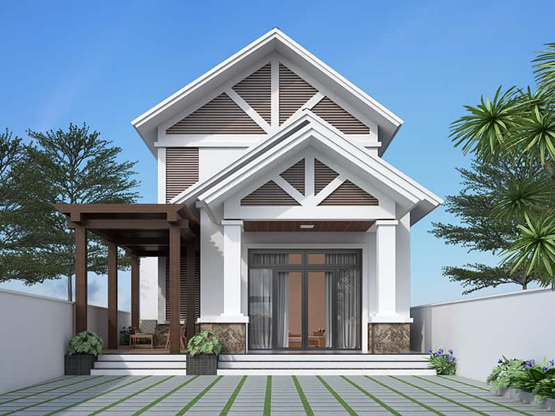 Nhà cấp 4 gác lửng được thiết kế như một ngôi nhà tầng thực sự. Mái hiên thư giãn bên hông nhà tạo điểm nhấn cho mặt tiền công trình.