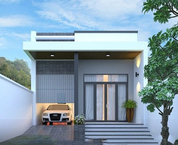 Mẫu nhà cấp 4 mái bằng có thiết kế đơn giản nhưng vẫn đảm bảo đầy đủ các không gian chức năng thiết yếu, có cả gara ô tô. 