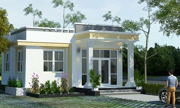 Nhà mái bằng cấp 4 được thiết kế với những hình khối vuông vức, chắc khỏe. Mặt tiền hút mắt hơn nhờ hệ cửa kính hiện đại. 