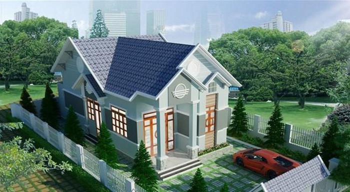 Khuôn viên vườn xanh mát là điểm cộng của mẫu nhà cấp 4 này. Sân trước nhà rộng rãi làm nơi đậu xe ô tô.