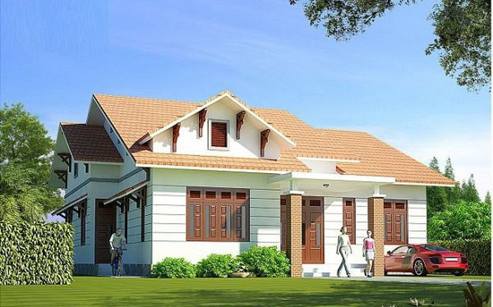Mẫu nhà cấp 4 mái Thái xây trên khu đất rộng thoáng, có cả sân vườn xanh mát bao quanh.