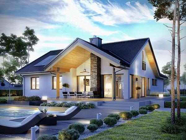 Mẫu thiết kế nhà cấp 4 có sân vườn đẹp mê mẩn. Phần mái chữ A cách điệu tạo góc thư giãn ở hiên trước nhà.