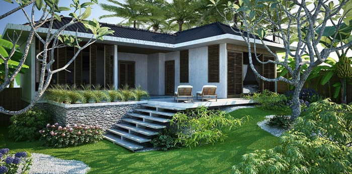 Nền nhà cấp 4 được nâng cao với bậc thang nối lên khoảng sân thư giãn trước hiên nhà.