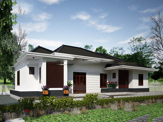 Biệt thự sân vườn 1 tầng 3 phòng ngủ có cây xanh và ao sen