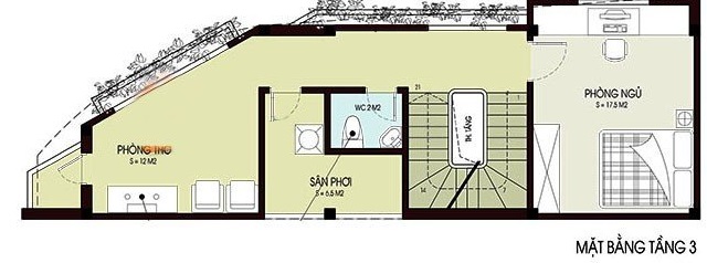 Mặt bằng c&ocirc;ng năng tầng 3 nh&agrave; l&ocirc; g&oacute;c 3 tầng.